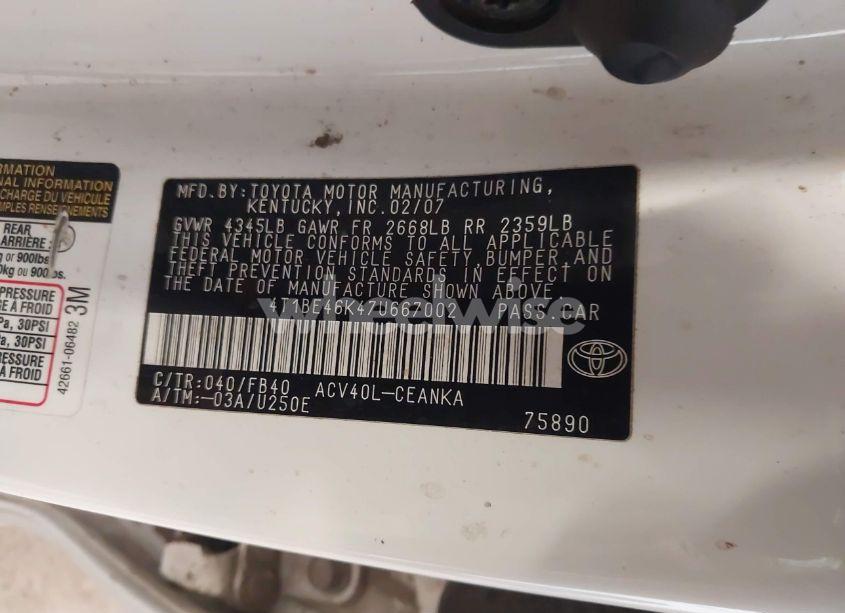 Photo 9 of 2007 Toyota Camry LE (VIN 4T1BE46K47U667002)