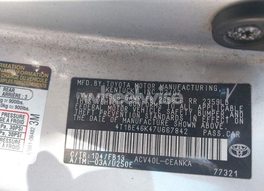 Photo 9 of 2007 Toyota Camry CE (VIN 4T1BE46K47U667842)
