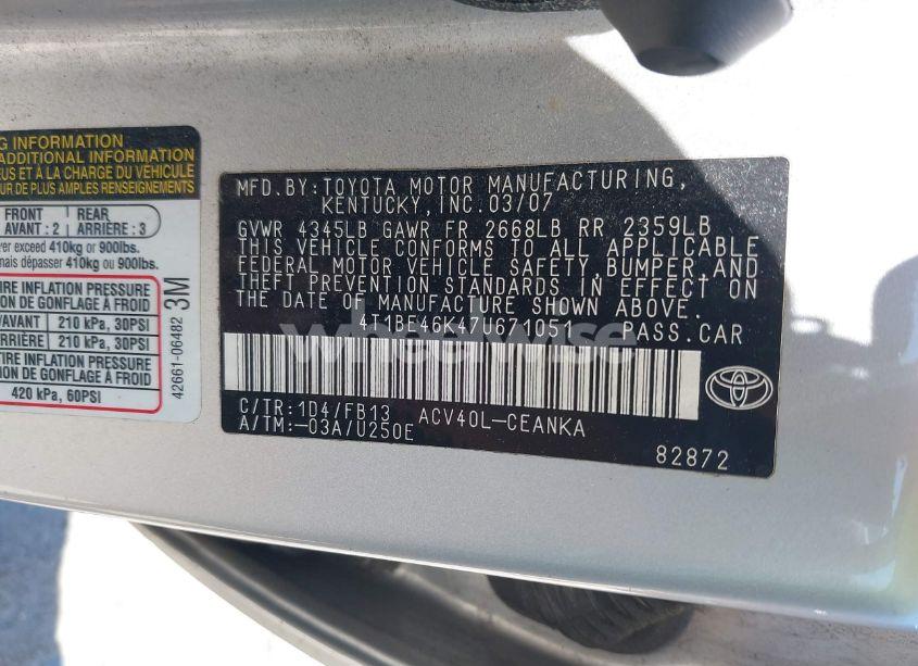 Photo 9 of 2007 Toyota Camry LE (VIN 4T1BE46K47U671051)