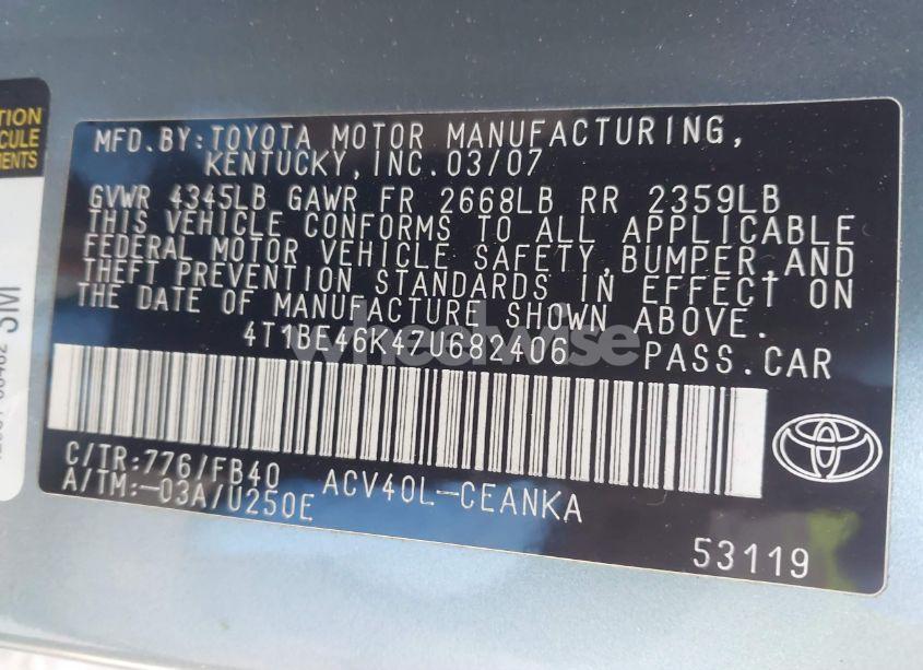 Photo 9 of 2007 Toyota Camry LE (VIN 4T1BE46K47U682406)