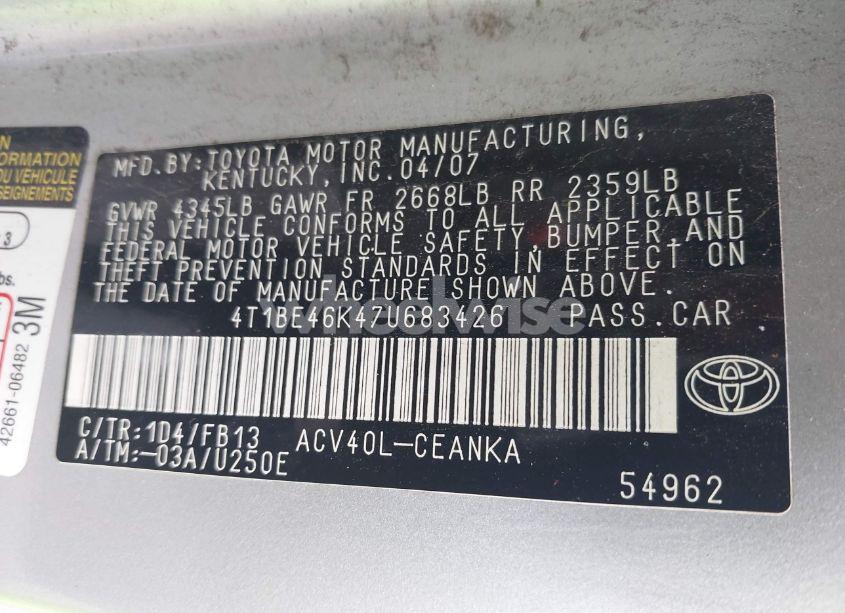 Photo 9 of 2007 Toyota Camry LE (VIN 4T1BE46K47U683426)