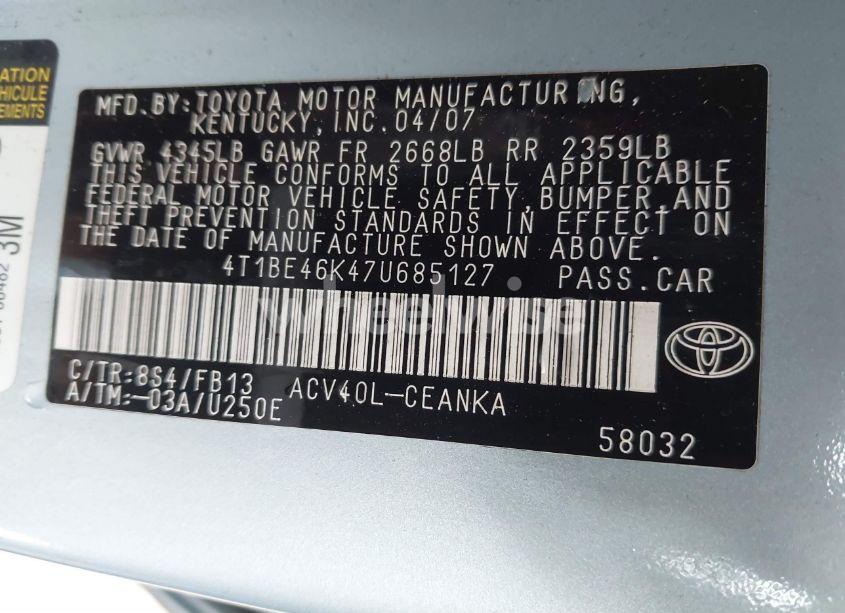 Photo 9 of 2007 Toyota Camry LE (VIN 4T1BE46K47U685127)