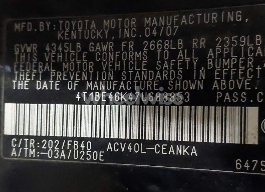 Photo 9 of 2007 Toyota Camry LE (VIN 4T1BE46K47U688853)