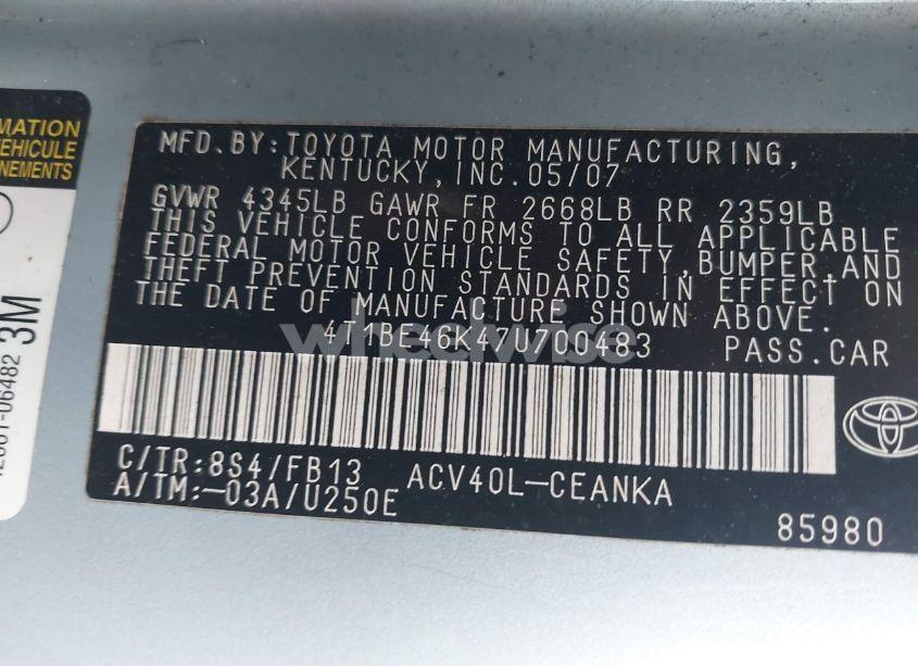 Photo 9 of 2007 Toyota Camry LE (VIN 4T1BE46K47U700483)