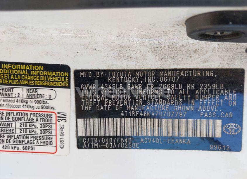 Photo 9 of 2007 Toyota Camry CE (VIN 4T1BE46K47U707787)