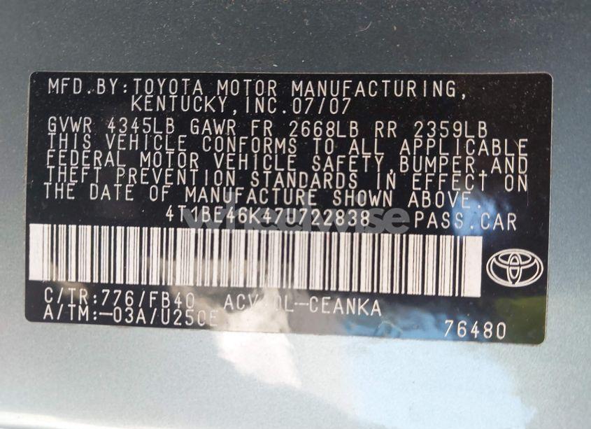 Photo 9 of 2007 Toyota Camry LE (VIN 4T1BE46K47U722838)