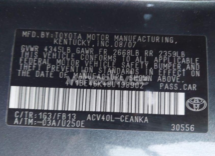 Photo 9 of 2008 Toyota Camry LE (VIN 4T1BE46K48U198902)