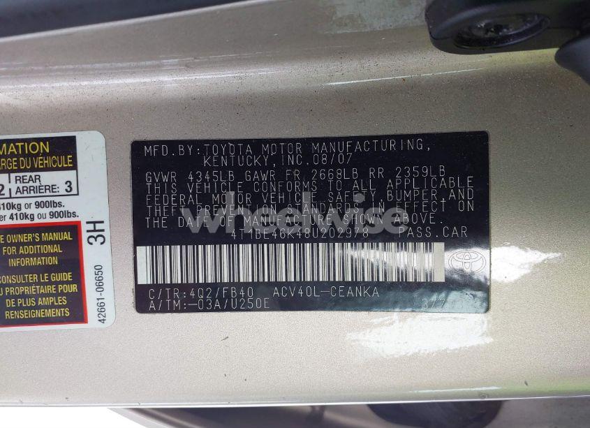 Photo 9 of 2008 Toyota Camry LE (VIN 4T1BE46K48U202978)