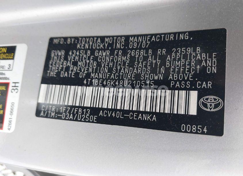 Photo 9 of 2008 Toyota Camry (VIN 4T1BE46K48U210515)