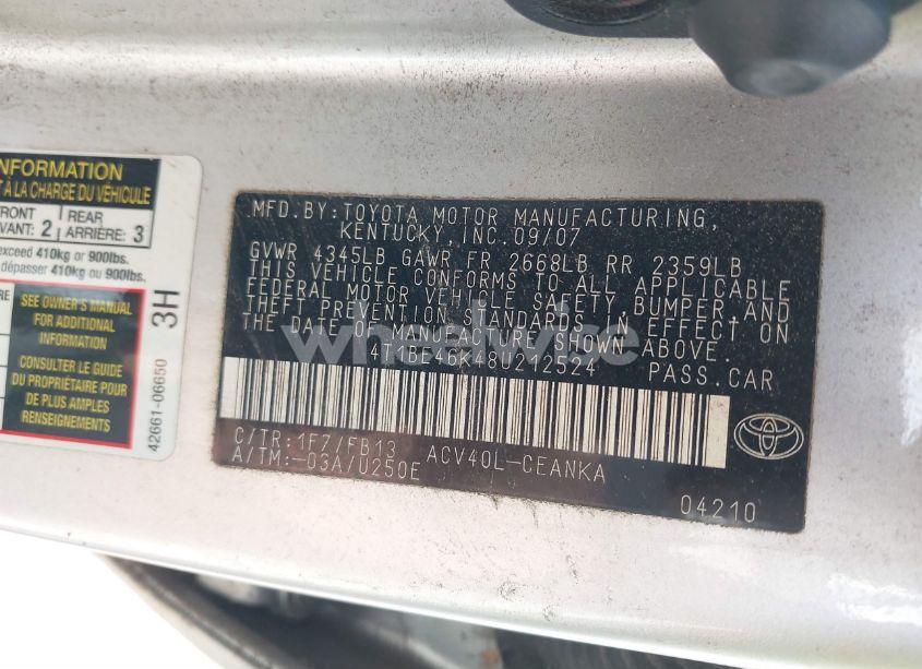 Photo 9 of 2008 Toyota Camry (VIN 4T1BE46K48U212524)