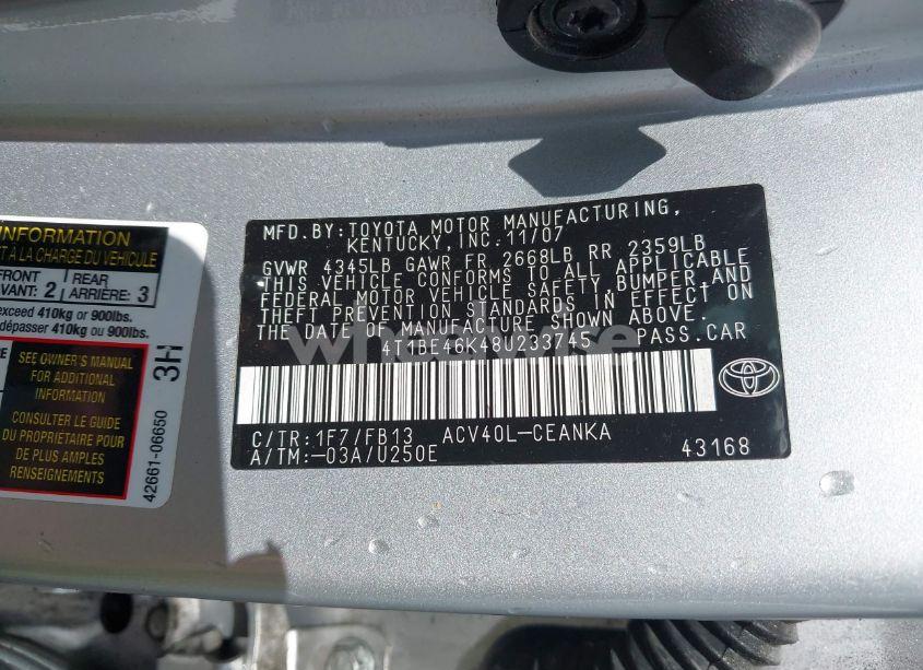Photo 9 of 2008 Toyota Camry LE (VIN 4T1BE46K48U233745)