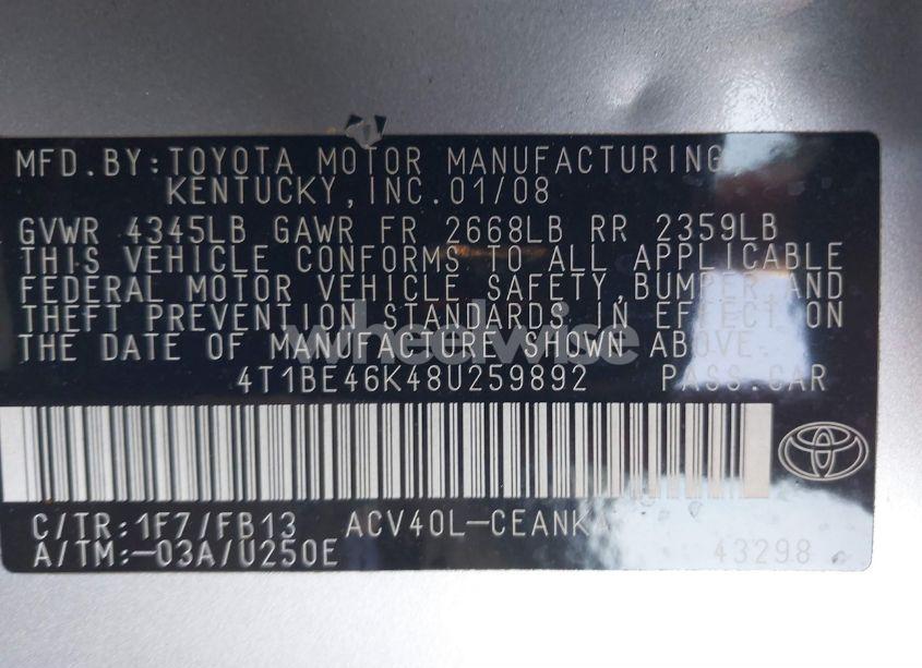 Photo 9 of 2008 Toyota Camry LE (VIN 4T1BE46K48U259892)