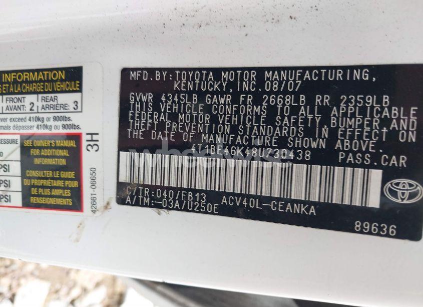 Photo 9 of 2008 Toyota Camry LE (VIN 4T1BE46K48U730438)