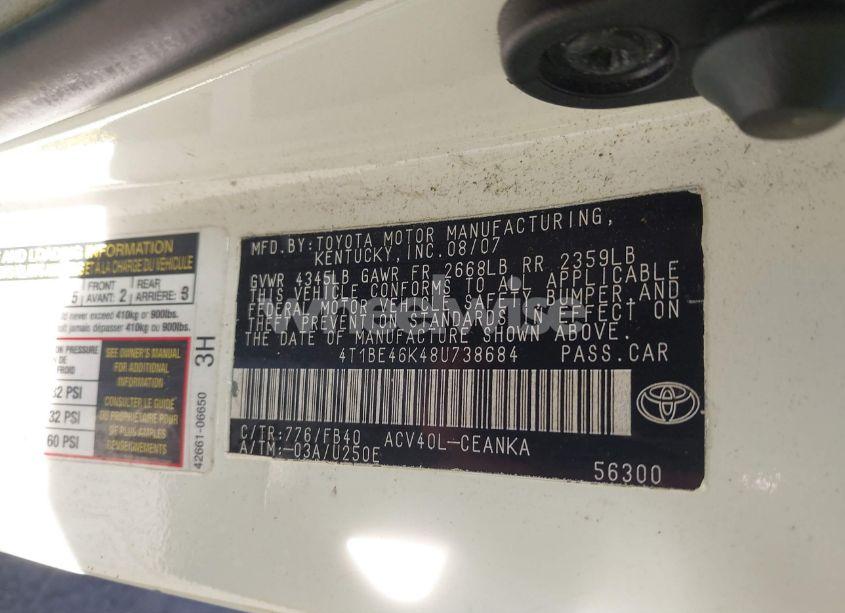 Photo 9 of 2008 Toyota Camry LE (VIN 4T1BE46K48U738684)