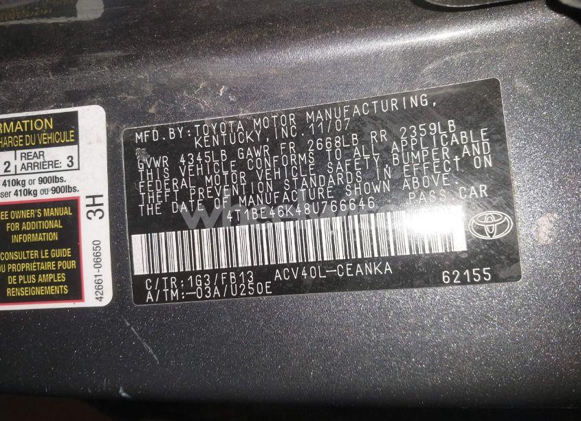 Photo 9 of 2008 Toyota Camry LE (VIN 4T1BE46K48U766646)