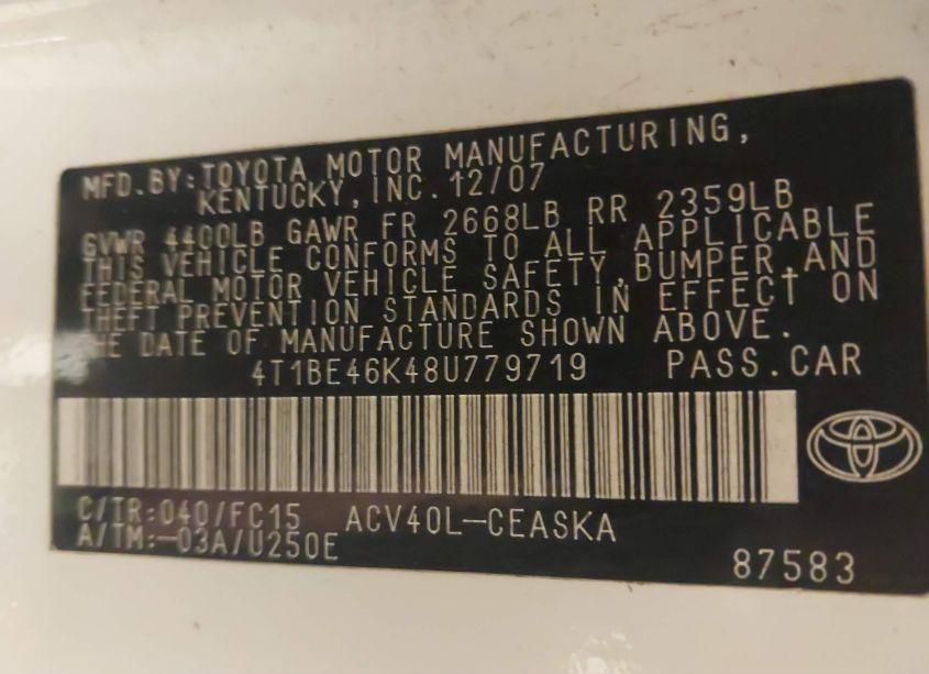 Photo 9 of 2008 Toyota Camry SE (VIN 4T1BE46K48U779719)