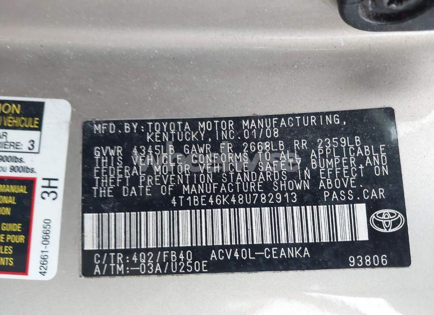 Photo 9 of 2008 Toyota Camry LE (VIN 4T1BE46K48U782913)