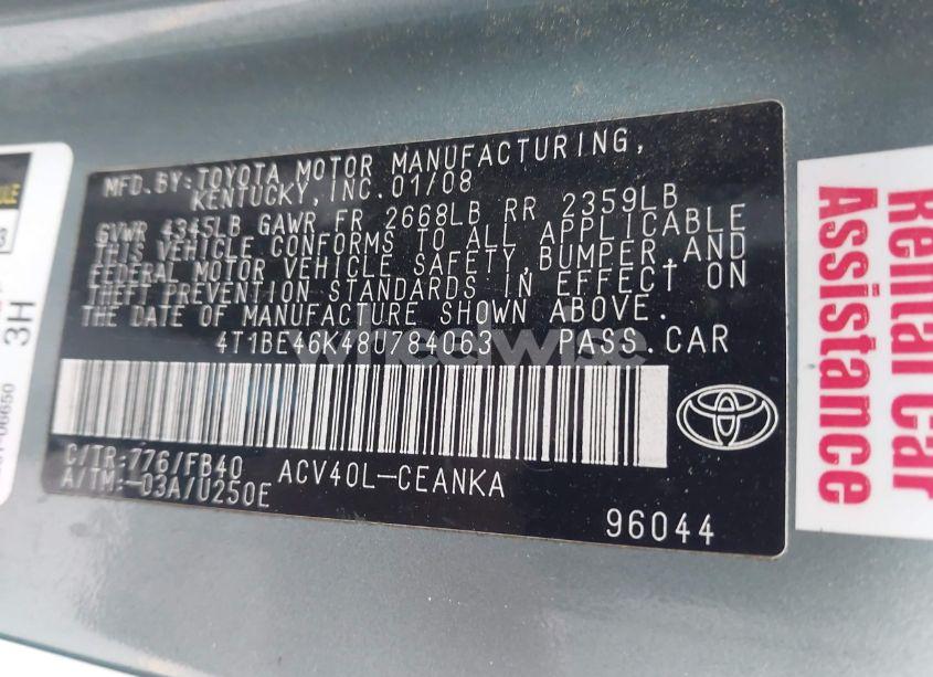 Photo 9 of 2008 Toyota Camry LE (VIN 4T1BE46K48U784063)
