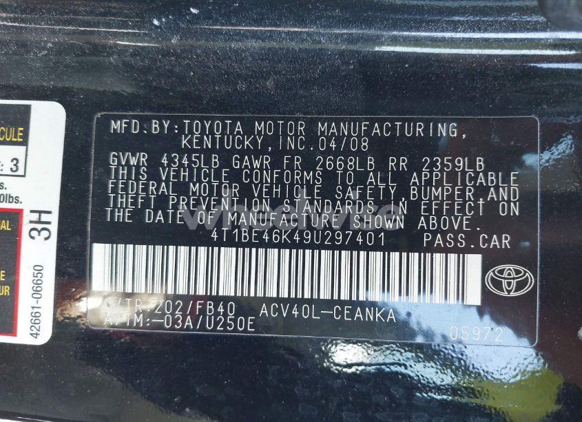 Photo 9 of 2009 Toyota Camry (VIN 4T1BE46K49U297401)