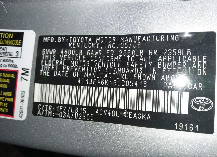 Photo 9 of 2009 Toyota Camry SE (VIN 4T1BE46K49U305416)