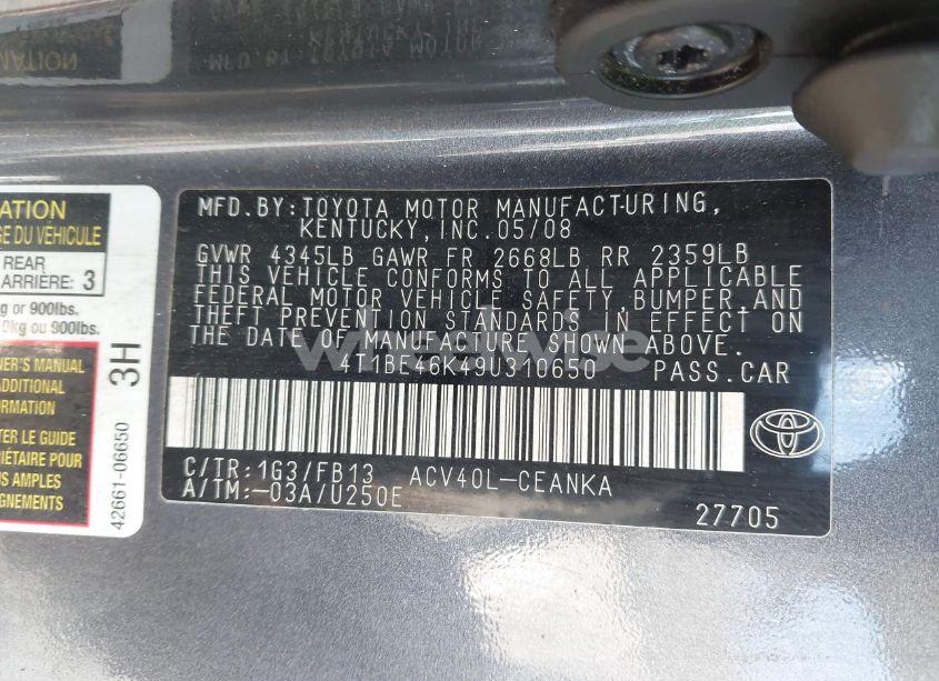 Photo 9 of 2009 Toyota Camry LE (VIN 4T1BE46K49U310650)