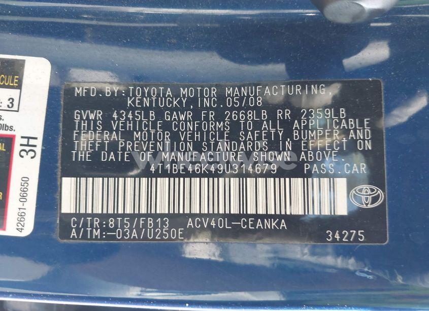 Photo 9 of 2009 Toyota Camry LE (VIN 4T1BE46K49U314679)