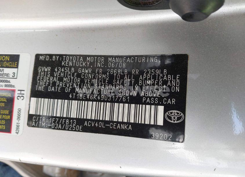 Photo 9 of 2009 Toyota Camry LE (VIN 4T1BE46K49U317761)