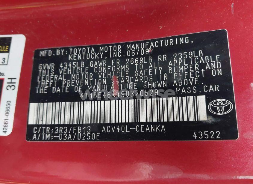 Photo 9 of 2009 Toyota Camry LE (VIN 4T1BE46K49U320529)