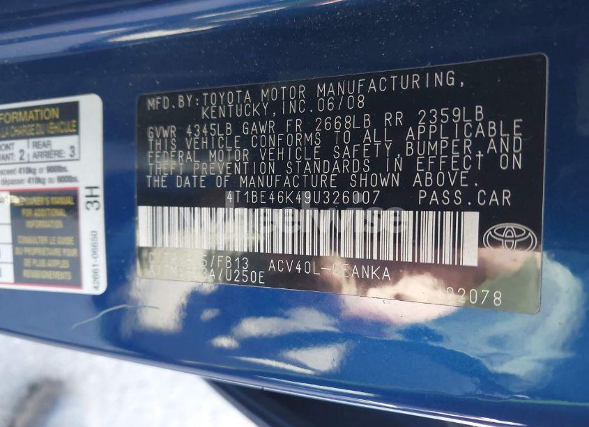 Photo 9 of 2009 Toyota Camry (VIN 4T1BE46K49U326007)