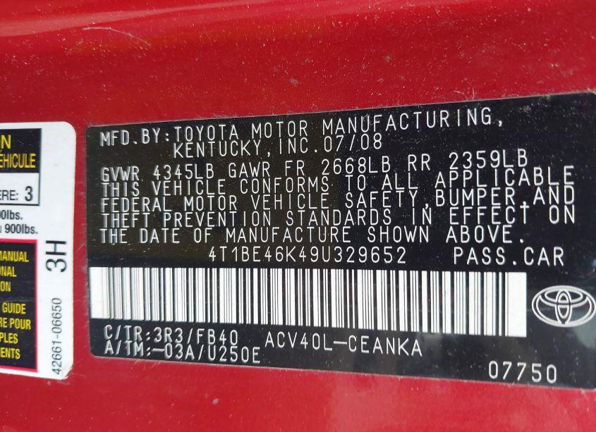 Photo 9 of 2009 Toyota Camry LE (VIN 4T1BE46K49U329652)