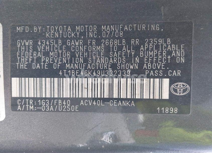 Photo 9 of 2009 Toyota Camry LE (VIN 4T1BE46K49U332339)
