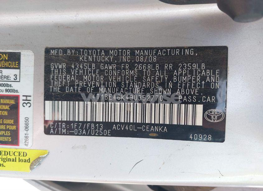 Photo 9 of 2009 Toyota Camry LE (VIN 4T1BE46K49U352770)