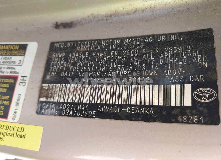 Photo 9 of 2009 Toyota Camry LE (VIN 4T1BE46K49U358102)
