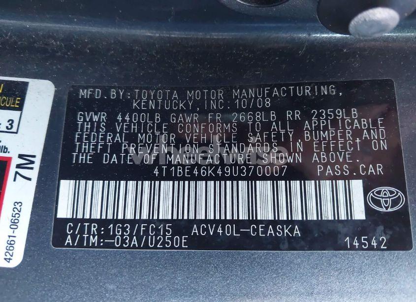 Photo 9 of 2009 Toyota Camry SE (VIN 4T1BE46K49U370007)