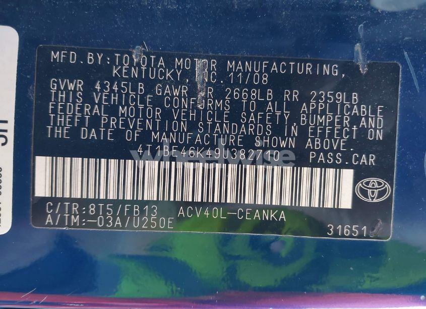 Photo 9 of 2009 Toyota Camry LE (VIN 4T1BE46K49U382710)