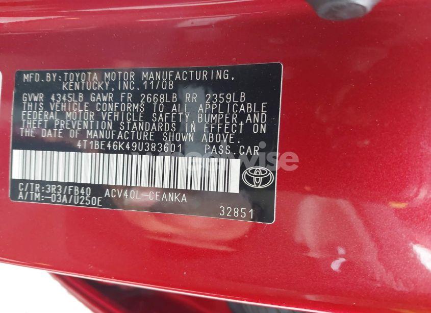 Photo 9 of 2009 Toyota Camry LE (VIN 4T1BE46K49U383601)