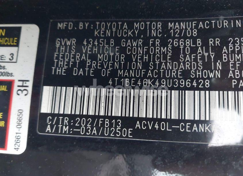 Photo 9 of 2009 Toyota Camry (VIN 4T1BE46K49U396428)