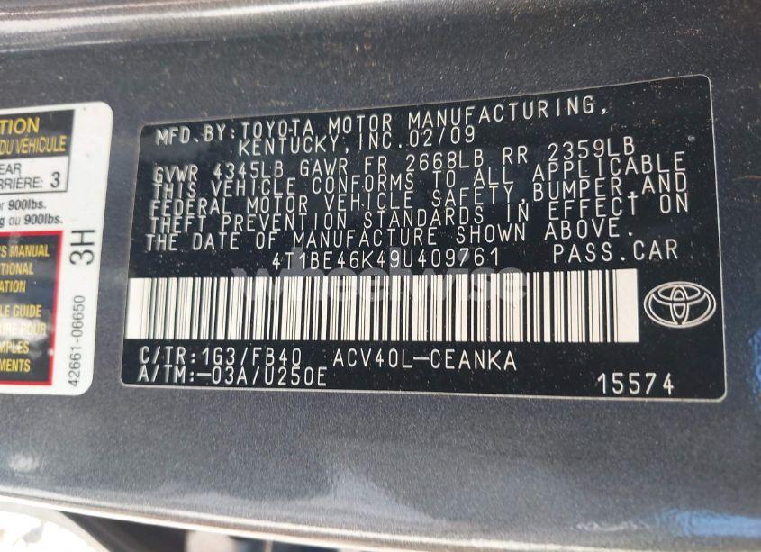 Photo 9 of 2009 Toyota Camry LE (VIN 4T1BE46K49U409761)