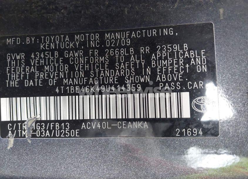 Photo 9 of 2009 Toyota Camry LE (VIN 4T1BE46K49U414359)