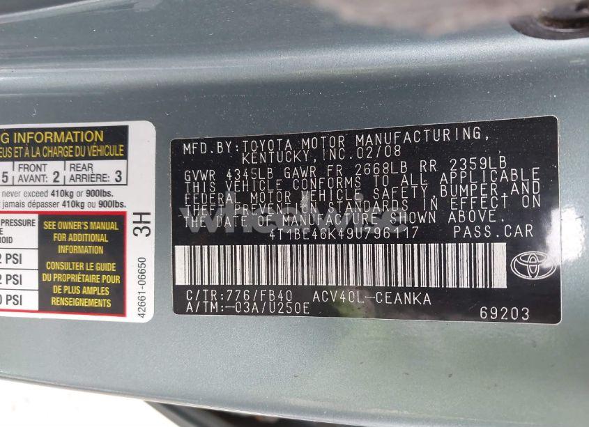 Photo 9 of 2009 Toyota Camry LE (VIN 4T1BE46K49U796117)