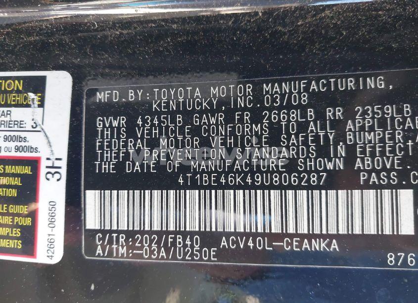 Photo 9 of 2009 Toyota Camry (VIN 4T1BE46K49U806287)