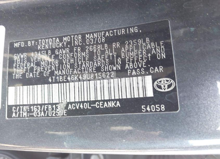 Photo 9 of 2009 Toyota Camry LE (VIN 4T1BE46K49U815622)