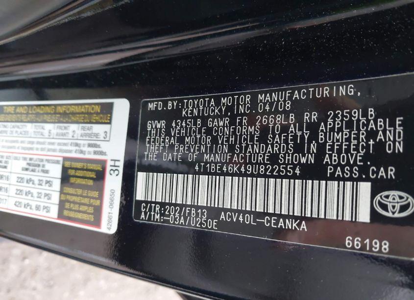 Photo 9 of 2009 Toyota Camry (VIN 4T1BE46K49U822554)