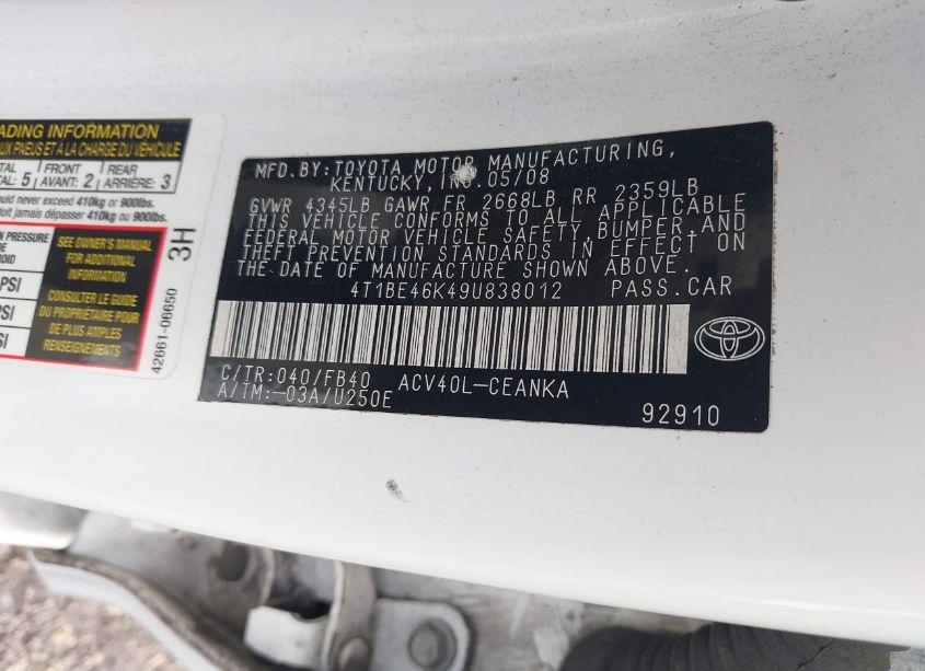 Photo 9 of 2009 Toyota Camry LE (VIN 4T1BE46K49U838012)
