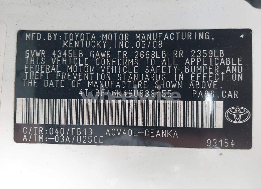 Photo 9 of 2009 Toyota Camry LE (VIN 4T1BE46K49U838155)