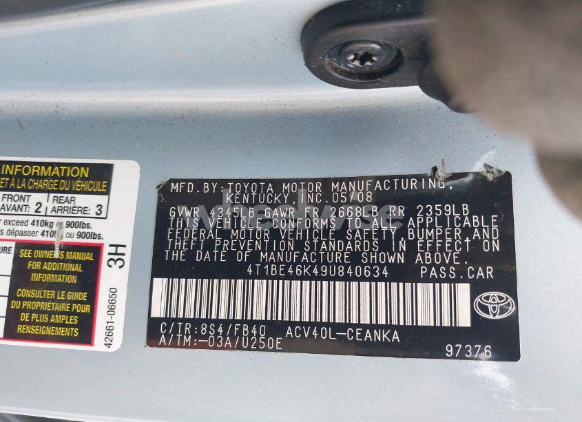 Photo 9 of 2009 Toyota Camry LE (VIN 4T1BE46K49U840634)
