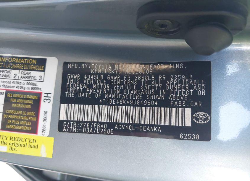 Photo 9 of 2009 Toyota Camry LE (VIN 4T1BE46K49U849804)