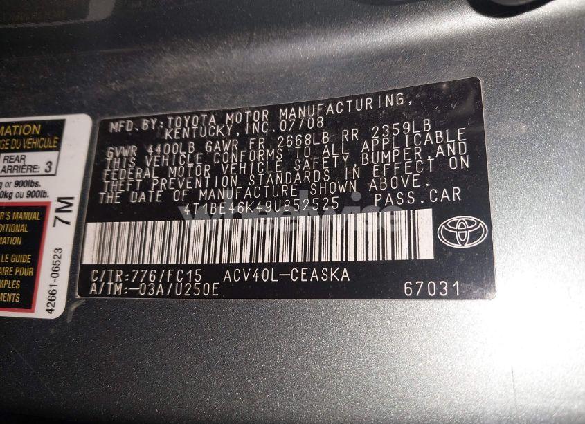 Photo 9 of 2009 Toyota Camry SE (VIN 4T1BE46K49U852525)