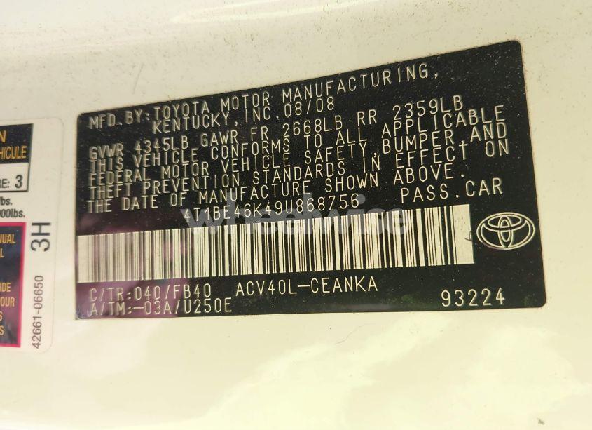 Photo 9 of 2009 Toyota Camry LE (VIN 4T1BE46K49U868756)