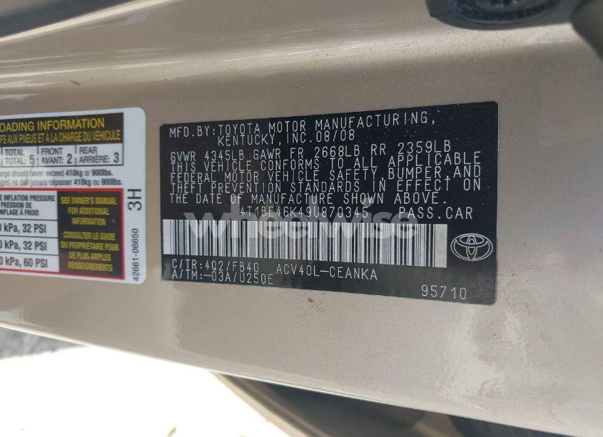 Photo 9 of 2009 Toyota Camry LE/SE/XLE (VIN 4T1BE46K49U870345)